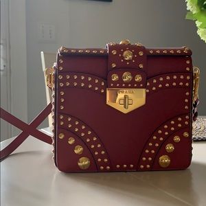 PRADA Studded Staffiano Red Shoulder Bag